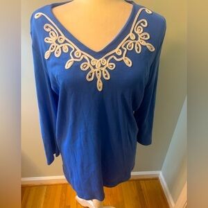 Rafaela blue top with white detailing, size L